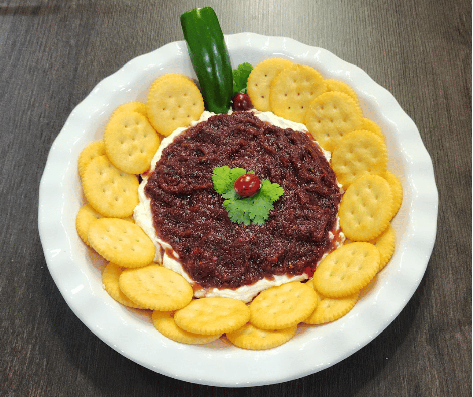 Festive Cranberry Jalapeño Appetizer Dip looks beuatiful on a holiday table