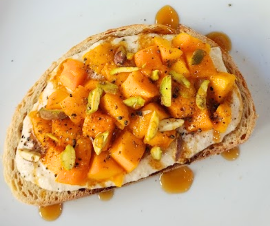 Simple mango and pistachio toast with creamy cottage cheese is fresh and delicious
