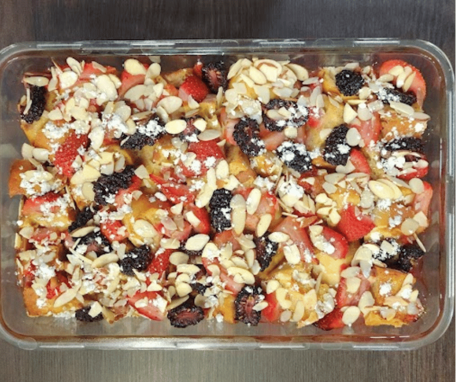 Almond Berry Frenhc Toast Casserole can be prepped the night before and tastes delicious!