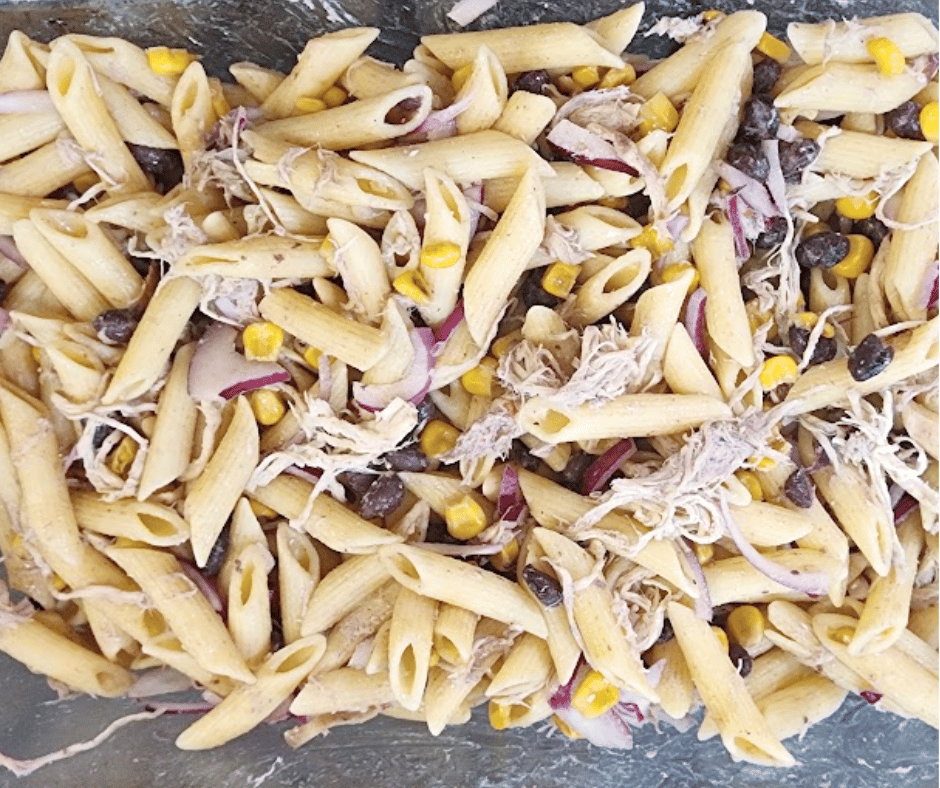 Southwest Pasta Salad full of corns, beans, and shredded chicken