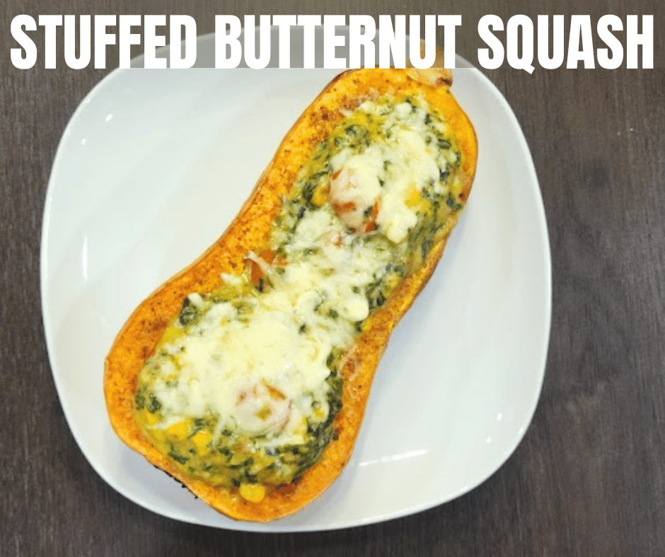 Roasted butternut squash filled with creamy spinach and melted cheese is a cozy fall dish