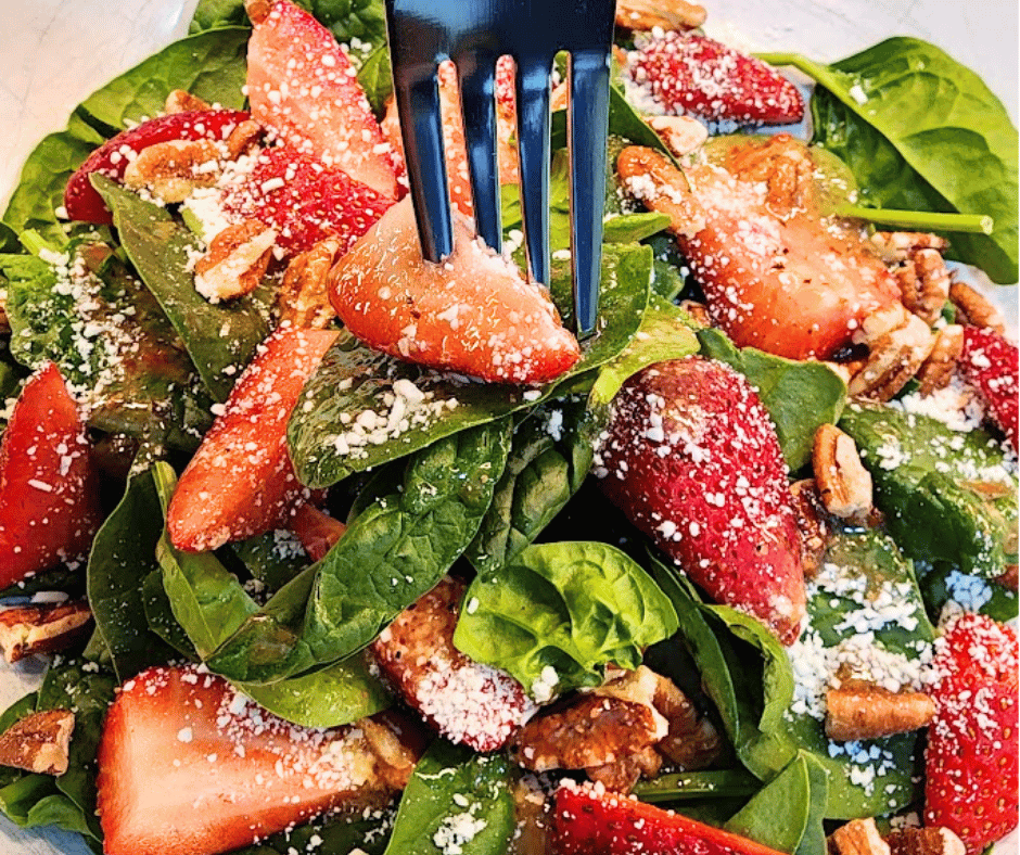 Bright berries, salty cheese, and crunchy pecans in every forkful.