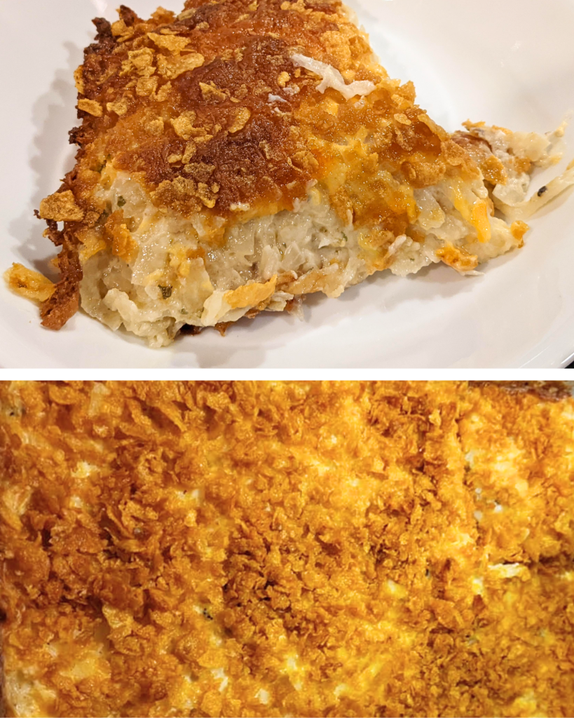 Cheesy, crunchy-topped funeral potatoes for holiday meals.