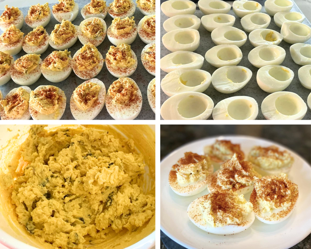 Deviled eggs with a sprinkle of paprika on top.