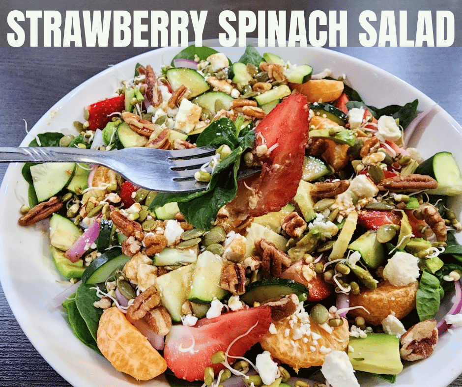 Fresh spinach, sweet strawberries, creamy feta, and crunchy sprouts tossed with a simple balsamic dressing.