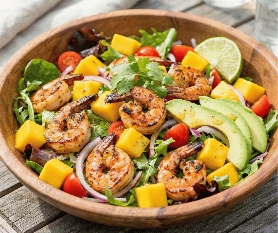 Grilled shrimp with smoky edges, piled over mango avocado salad