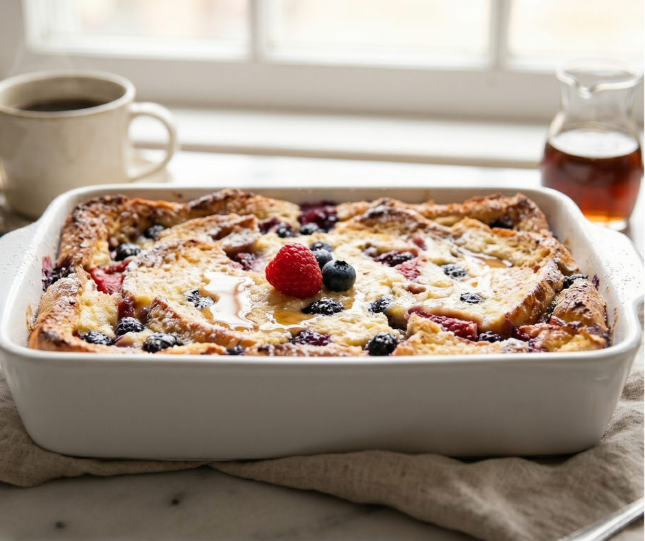 Overnight Berry French Toast Bake fresh out of the oven, soft in the middle and lightly crisp on top.