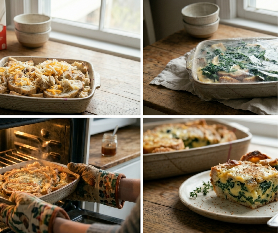Savory Spinach and Cheese Strata layered with bread, greens, and melted cheese.