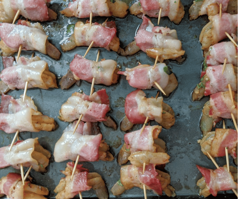 Bacon wrapped shrimp with caramelized edges tastes delicious