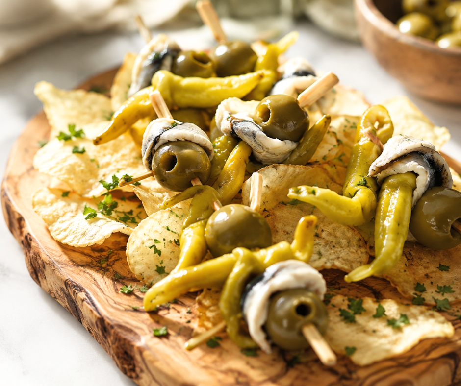 Spanish gildas served over chips