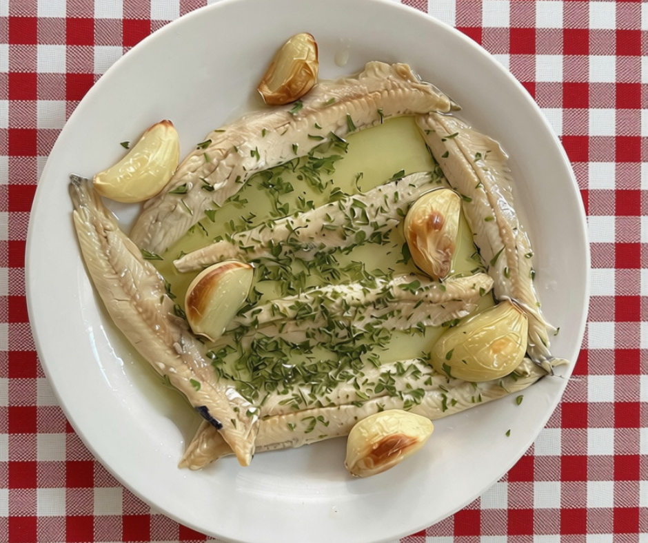 White anchovies with olive oil and fresh berbs tastes simple and delicious