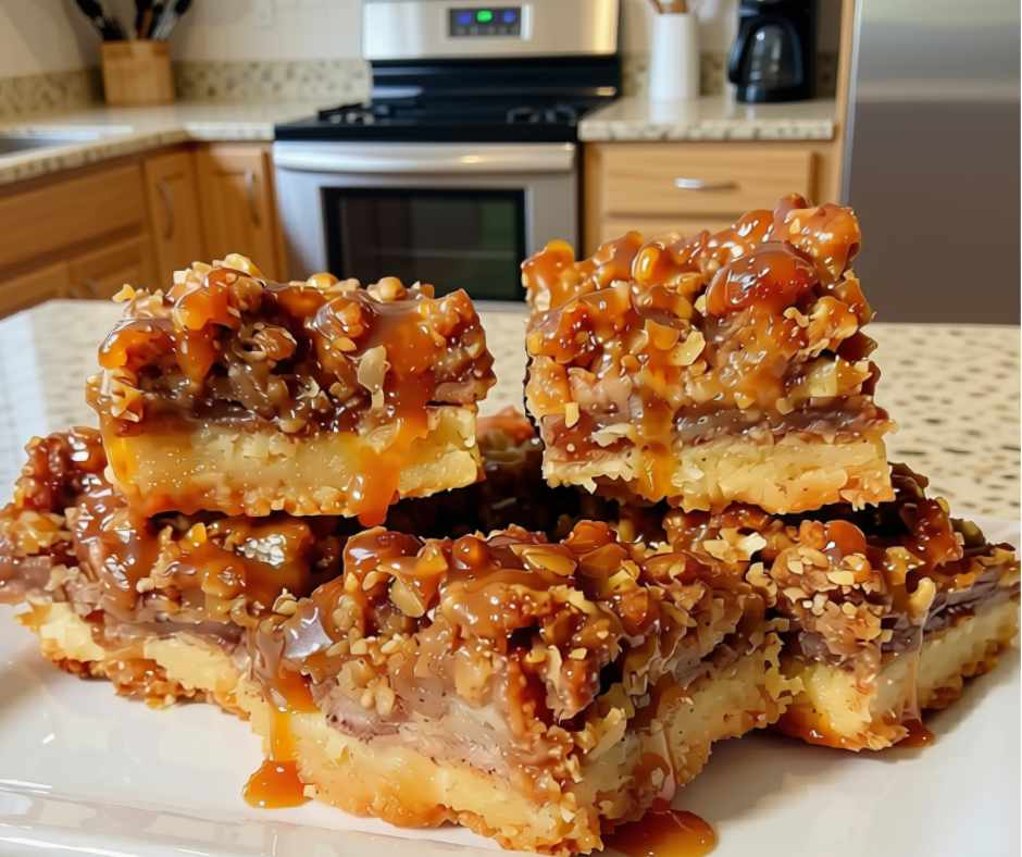 Apple pie flavor, crumb bar texture, salted caramel drizzled generously on top - these bars are always a hit