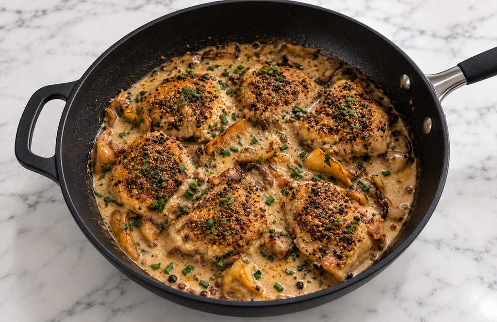 Chicken au poivre tastes as good as it looks!