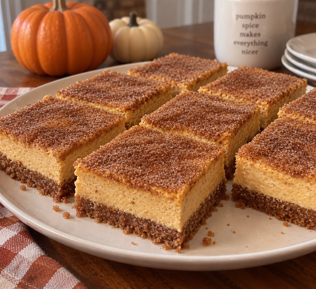 Cinnamon-sugar churro crust wrapped around creamy, spiced pumpkin cheesecake filling.