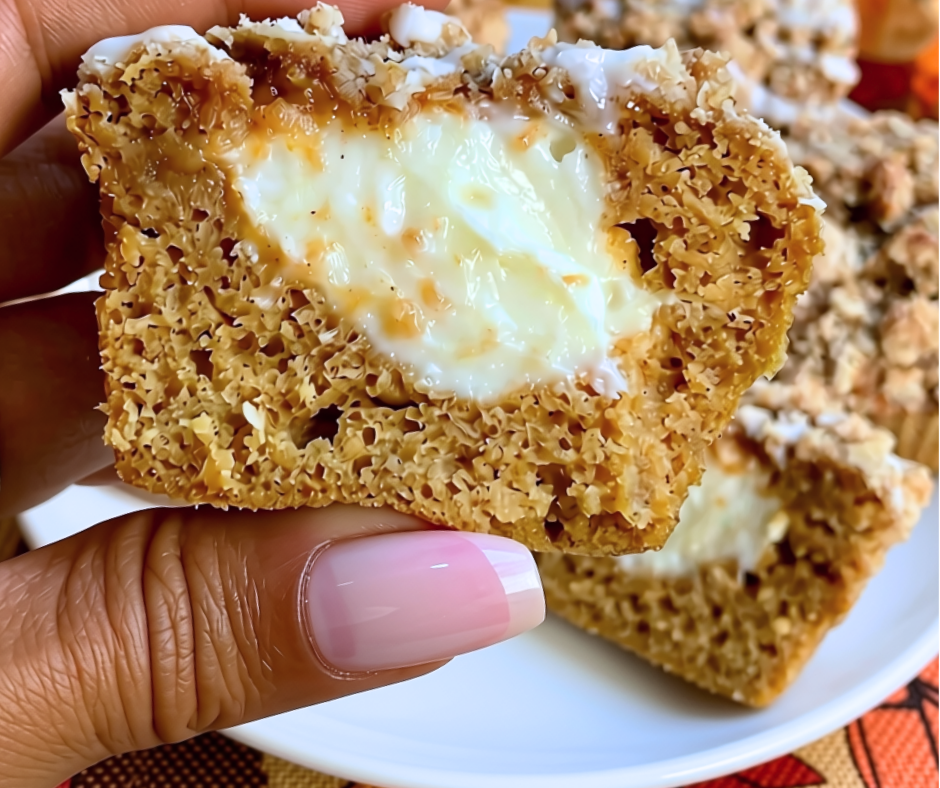 Soft pumpkin muffin, sweet cream cheese center, crunchy cinnamon topping combo is addictively good