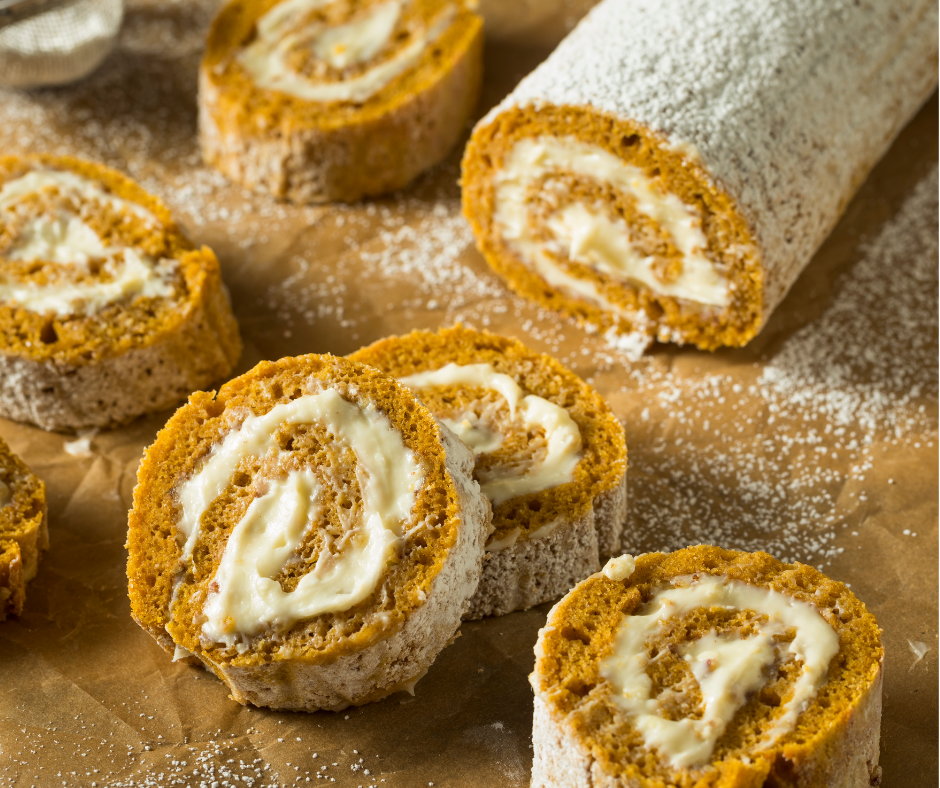 Spiced pumpkin cake rolled around sweet, tangy cream cheese is very filling