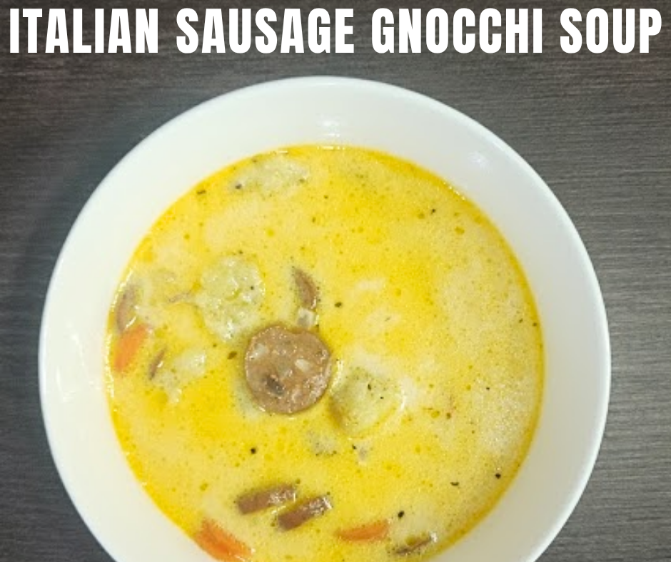 This bowl of Creamy Italian Sausage Soup with Crispy Gnocchi Croutons is everything cold-weather comfort food should be