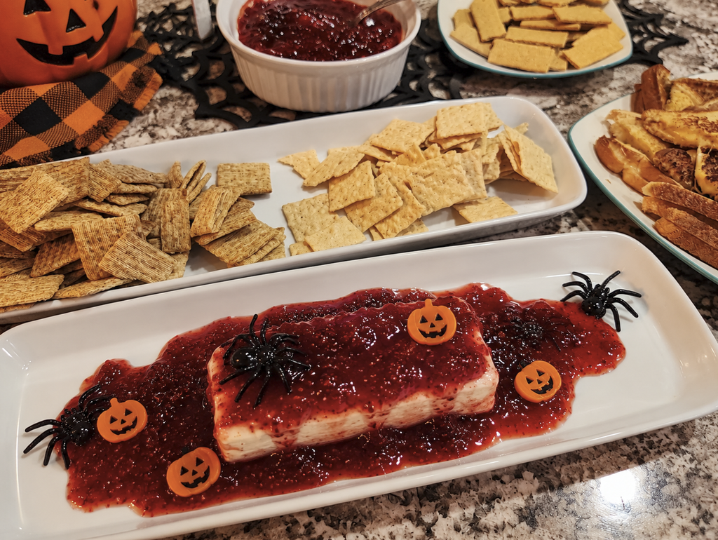 Cream Cheese Raspberry preserve dip with crackers for Halloween