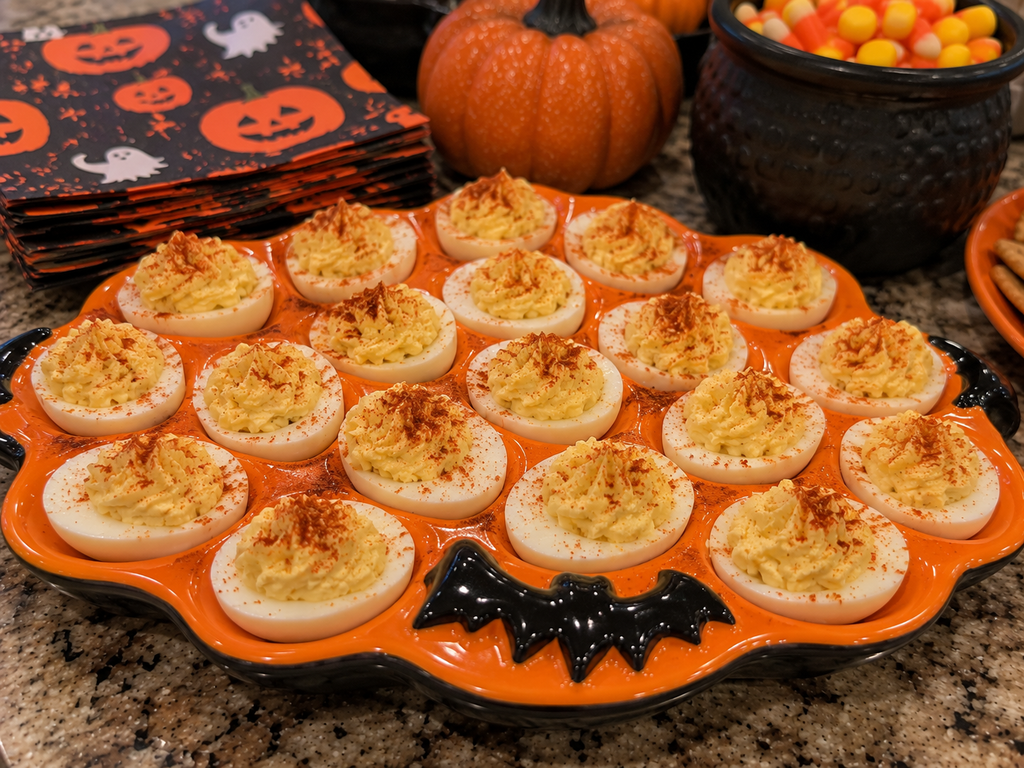 Easy peasy creepy crawly deviled eggs