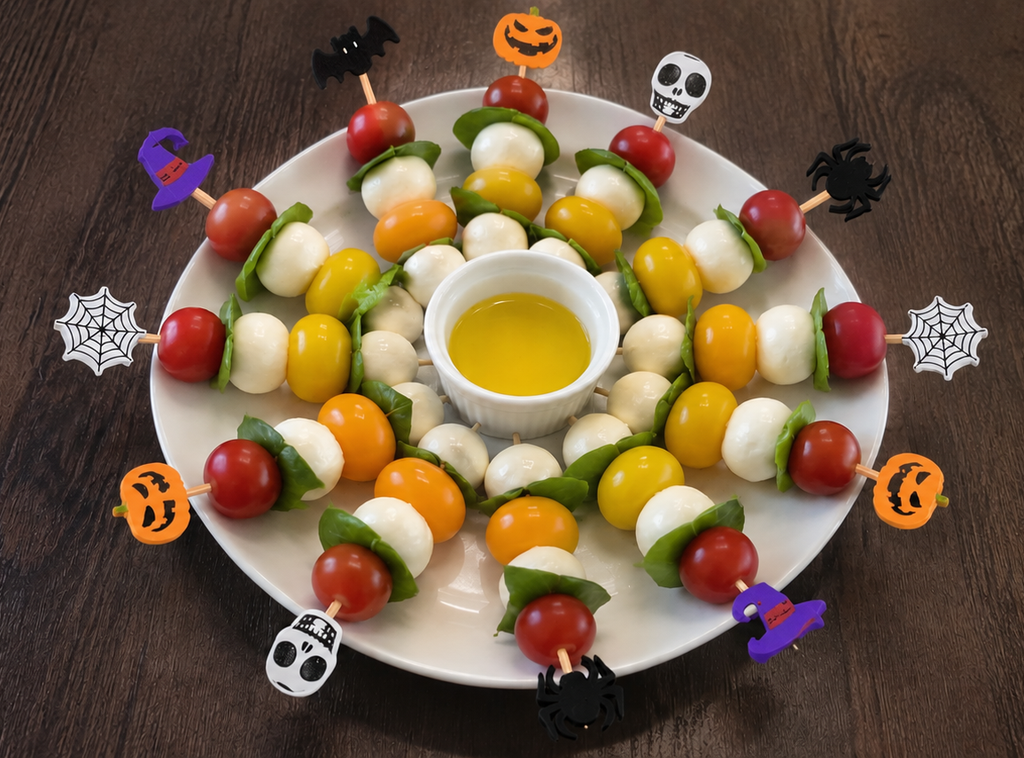 Halloween cocktail picks make these Caprese skewers look spooky good