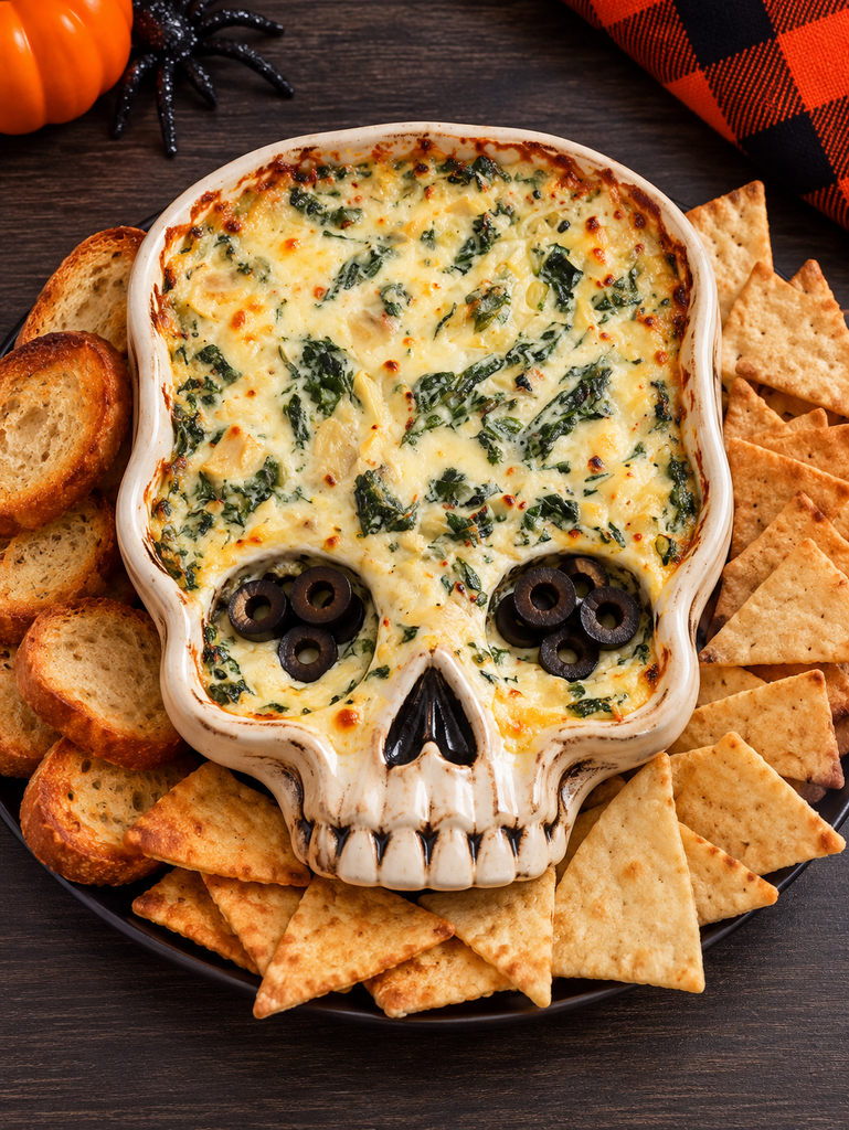 Halloween themed serving bowl elevates this regular spinach artichoke dip