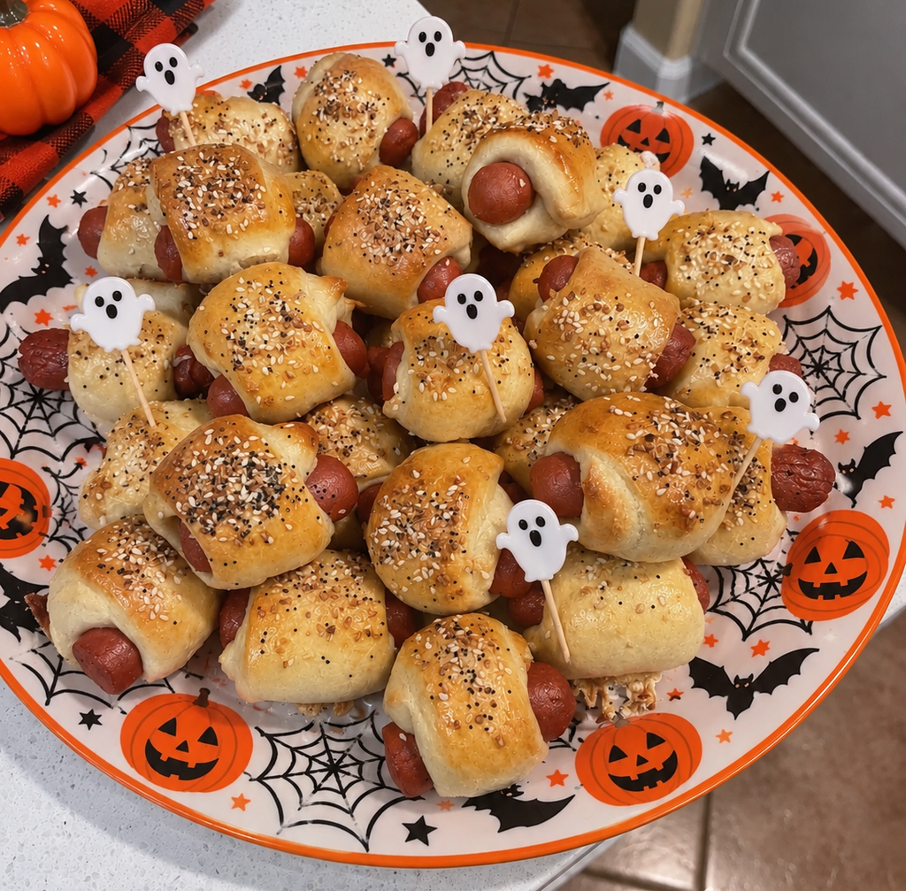 Pigs in a blanket dressed up for Halloween