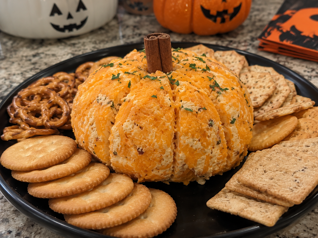 Pumpkin shaped cheeseball is a perfect Halloween appetizer