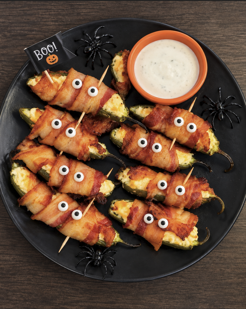 Spooky Bacon-Wrapped Jalapeno Poppers with candy eyeballs