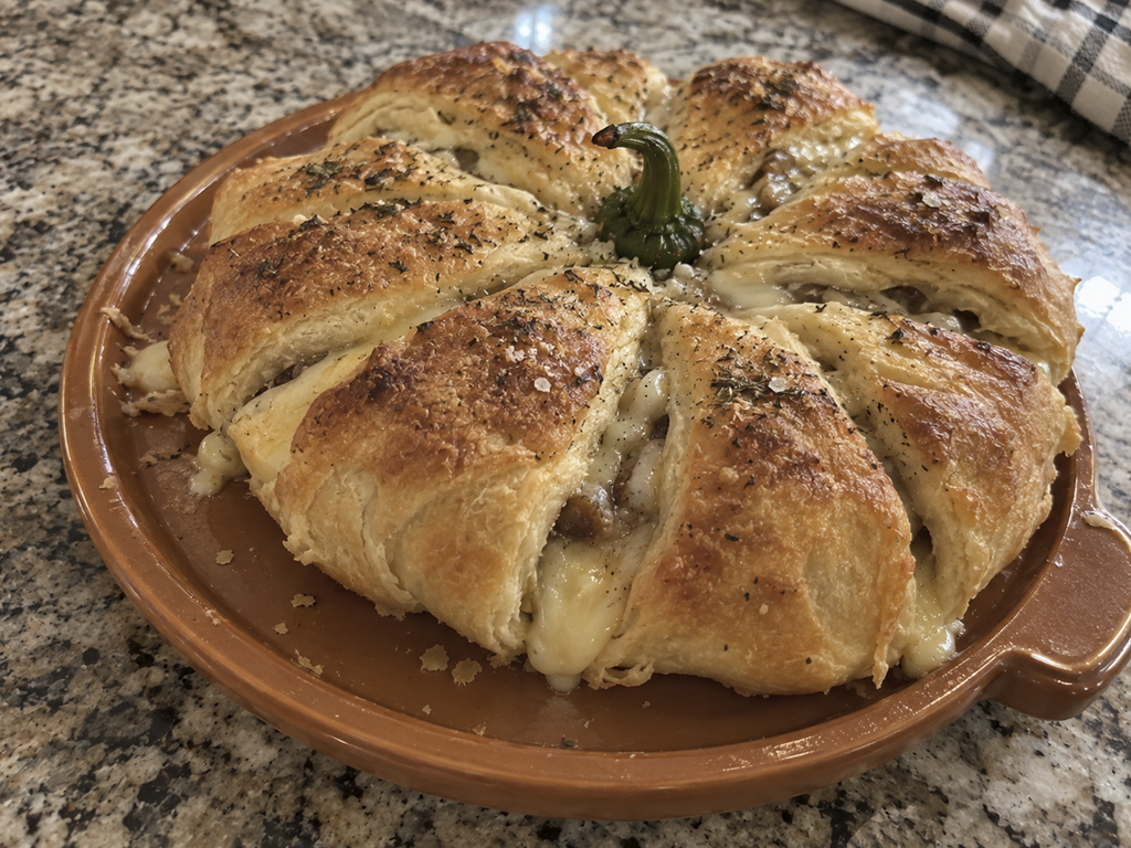 Wrap brie cheese in puff pastry then shape it to look like a pumpkin